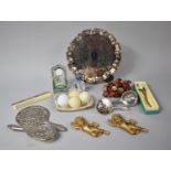 A Collection of Sundries to Include Silver Plated Dressing Table Set, Onyx Eggs, Stone Fruit, Cherub