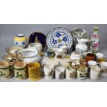 A Collection of Decorated Tankards, Jugs, Ginger Jar, Plates etc