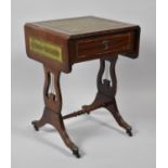 A Reproduction Drop Leaf Mahogany Occasional Table with Tooled Leather Insert and Single Drawer,