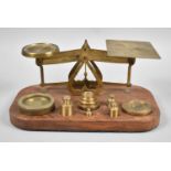 A Vintage Set of Brass Postage Scales on Rectangular Wooden Plinth, Complete with Selection of