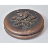 A Circular Carved Wooden Work Box with Lid Having Carved Floral Mount, Signed to Base S Kolesminosf,