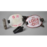 Two British Rail Enamelled Lookout Armbands and Two Whistles