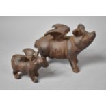 A Pair of Cast Iron Novelty Money Banks, Flying Pig and Piglet, Larger 18cm long