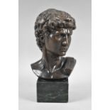 A Grand Tour Style Patinated Bronze Bust of David on Green Marble Base, 17.5cm High