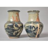 A Pair of Glazed Studio Pottery Vases, Decorated with Bird Design, Makers Mark to Base, 13.5cm high