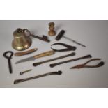 A Collection of Metalware Curios to Include Bell, Bell Weight, Tools, Key etc