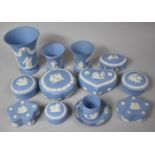 A Collection of Twelve Pieces of Wedgwood Jasperware to Comprise Vases, Lidded Pots, Coffee Can