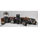 A Collection of Vintage Cameras, Hanimex Zoom Lens, Light Meter etc