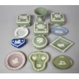 A Collection of Twelve Pieces of Wedgwood Jasperware to Comprise Green and White Lidded Pots, Vases,