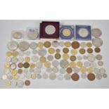 A Modern Wooden Box Containing British and Foreign Coins, Crowns, 1951 Festival of Britain Medal Etc