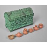 A Modern Cast Metal Green Patinated Dome Topped Casket Containing Miniature Terracotta Jugs and