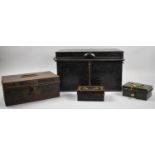 A Black painted Metal Deed Box, Cash Tin Etc 42cms Wide