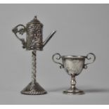 A Miniature Silver Trophy Together with a Miniature Silver Model of a Coffee Pot on Barley Twist