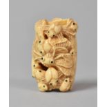 A Carved Bone Netsuke in the Form of Entwined Bugs with Stained Black eyes, Signed, 5cm Long