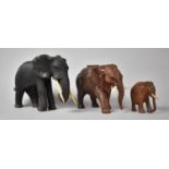 Three Carved Wooden Studies of Elephants, The Largest 28cm Long