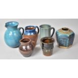 A Collection of Various Glazed Studio Pottery to comprise Jugs, Large Scroll Handled Blue Coloured
