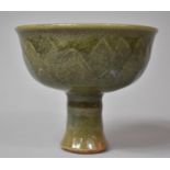 A Reproduction Chinese Green Crackle Glaze Celadon Stem Cup with Leaf Decoration in Shallow Relief