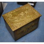 A Mid 20th Century Brass Coal Box Decorated in Relief with Scenes of Heavy Horses Ploughing,