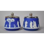 A Pair of Wedgwood Blue Jasperware Preserve Pots with Silver Plated Lids, 9.5cm Diameter