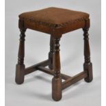 A Vintage Square Topped Oak Framed Stool with Upholstered Seat, 48cms High