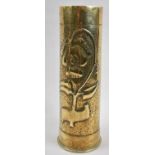 A 1917 WWI Trench Art Brass Shell Case, Decorated in Relief with Poppy and Inscribed Loos 1912, 30cm