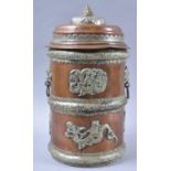 A Chinese Cylindrical Copper and Brass Lidded Rice Container Decorated in Relief, 31cm high