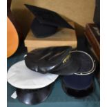 A Collection of Vintage Hats to Include French, Railway, Marine, Mortar and Gown with Cardboard