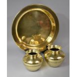 A Pair of Indian Brass Lotas Together with a Brass Shallow Bowl, 40.5cm Diameter
