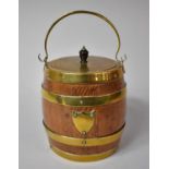 A Mid 20th Century Brass Mounted Oak Biscuit Barrel with Lid, Barrel Form, 19cm High