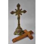 A Large Brass Altar Top Crucifix, 44cm high and a Wooden Cross Candle Box