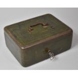 A Vintage Heavy Metal Cash Tin with Key, Handle to Lid, 24cm wide