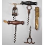 A Collection of Four 19th Century Corkscrews Together with a Gilt Metal Novelty Nutcracker Made