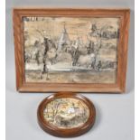 Two Russian Framed Paintings on Bark, 22x16cm and 10cm Diameter