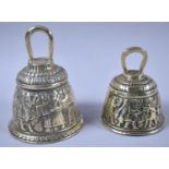 Two Graduated Brass Handbells Decorated in Relief, Tallest 12cm, Missing Clapper