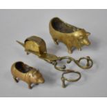 Two Late 19th Century Brass Novelty Pin Cushion Bases in the Form of Pigs, The Largest 11cm Long