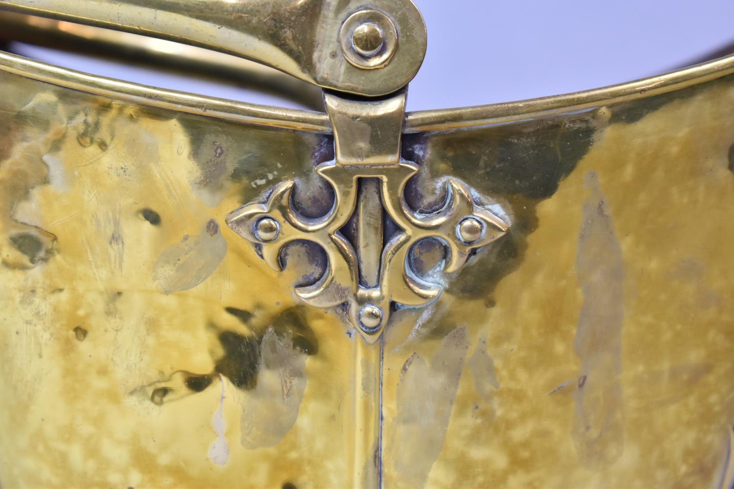 A Brass Helmet Shaped Coal Scuttle with Pressed Art Nouveau Floral Decoration, 33cm High - Image 3 of 4