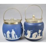 Two Blue Jasperware and Silver Plate Biscuit Barrels by Wedgwood and Adams