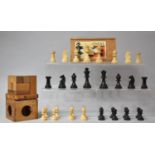 A Wooden Puzzle Box Together with a French Chess Set In Box Wood with Pine Box, Kings 7.5cm high