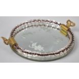 A Mid 20th Century Circular Mirrored Wine Tray with Glass Rope Gallery and Twin Brass Handles,