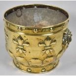 A Large Late Victorian Cylinidal Brass Coal Bucket with Lion Mask Ring Handles and Fleur De Lys