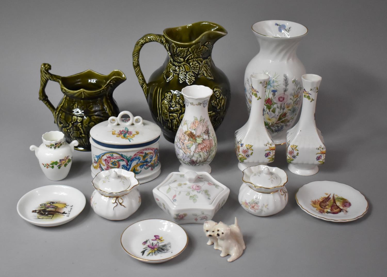 A Collection of Various Ceramics to comprise Two Green Glazed Wood Jugs Decorated with Shallow