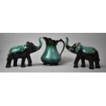 Two Canadian Green Glazed Terracotta Elephants and a Jug