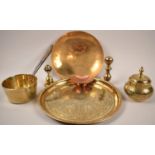 A Collection of Polished Brass Wares to Include Indian Circular Tray, Brass Saucepan, Copper Pin