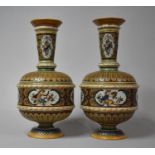 A Pair of Mettlach Salt Glazed Stoneware Vases in Usual Colour Enamels, 32cm high