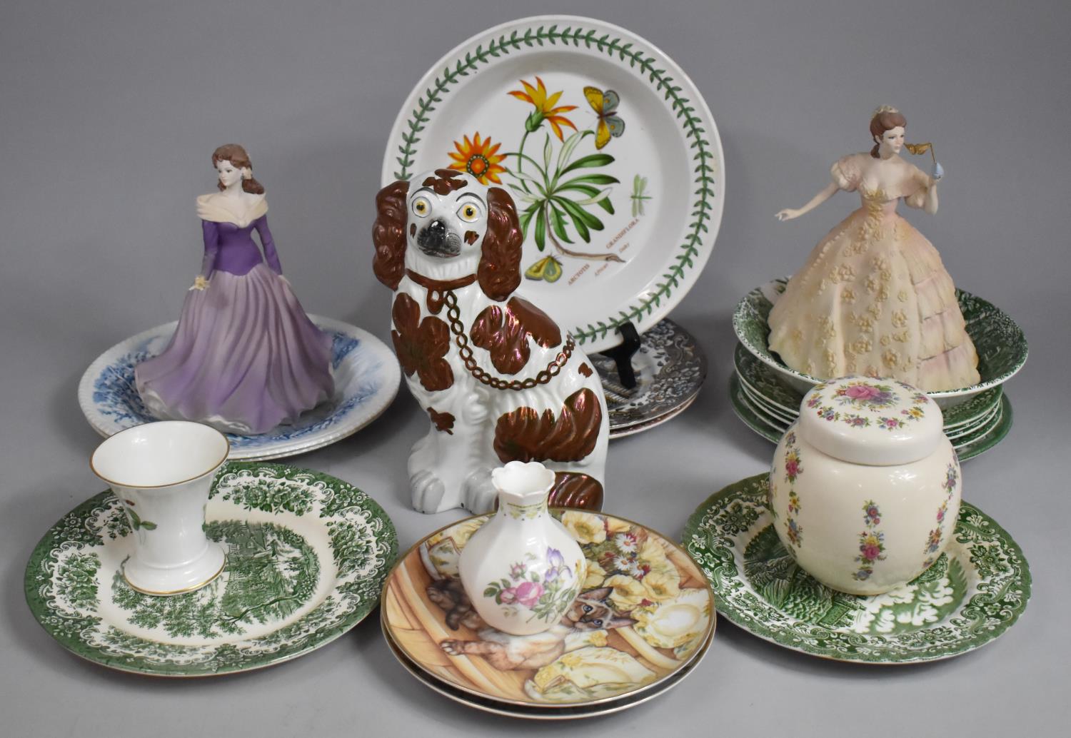 A Collection of Ceramics to Include Cooper Lustre Staffordshire Dog, Two Coalport Figural Ornaments,