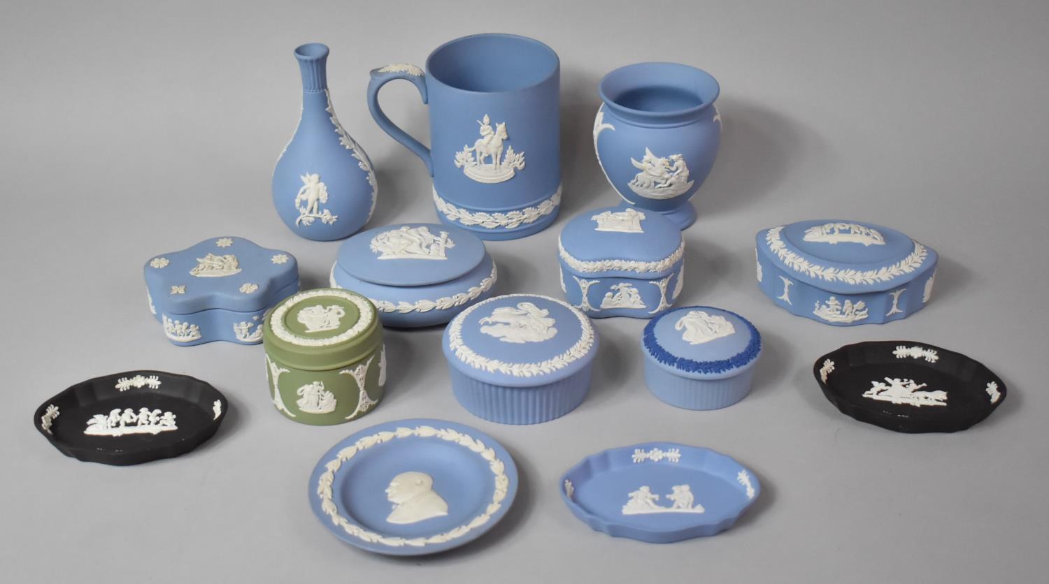 A Collection of Various Wedgwood Jasperware to comprise Tankard, Trinket Dishes, Lidded Pots, Vase