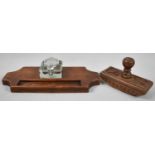 A Mid 20th Century Carved Wooden Desktop Blotter Together with a Wooden Pen Rest Inkstand with Glass