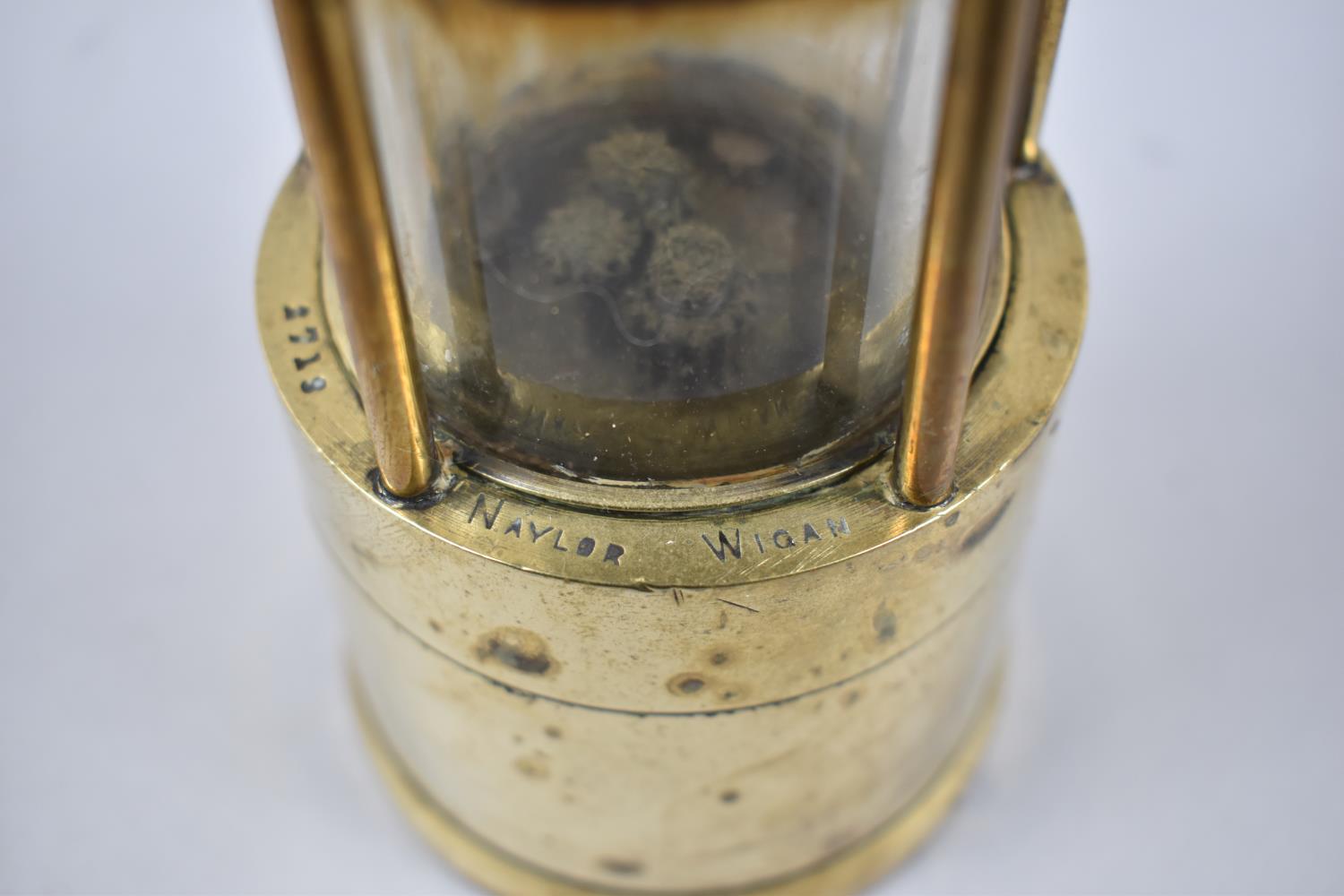 A Brass Mounted Miners Safety Lamp by Naylor, Wigan no.3712, 28cm high - Image 2 of 2