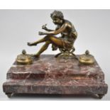 A French Bronzed Spelter Figural Desktop Inkstand with Marble Plinth Base and Two Inkwells, One