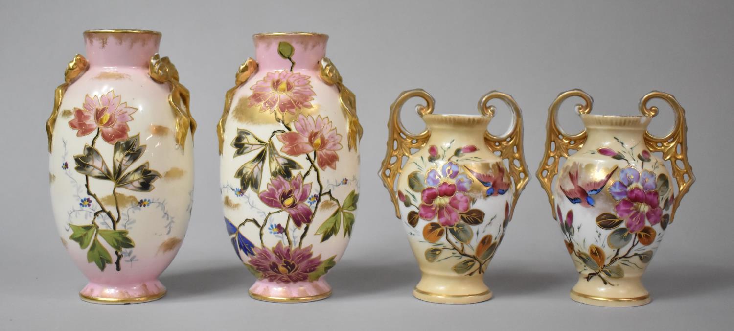 A Pair of Late 19th/20th Century Floral Decorated Vases with Applied Ribbon Handles, 19cm high